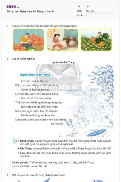 Bài tập Đọc: Nghệ nhân Bát Tràng có đáp án