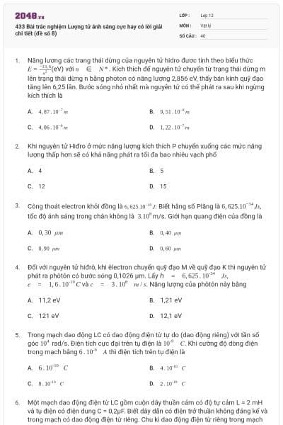 433 Bài trắc nghiệm Lượng tử ánh sáng cực hay có lời giải chi tiết (đề số 8)