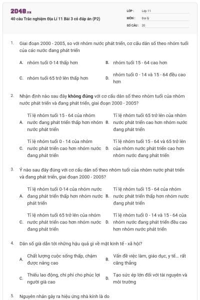 40 câu  Trắc nghiệm Địa Lí 11 Bài 3 có đáp án (P2)