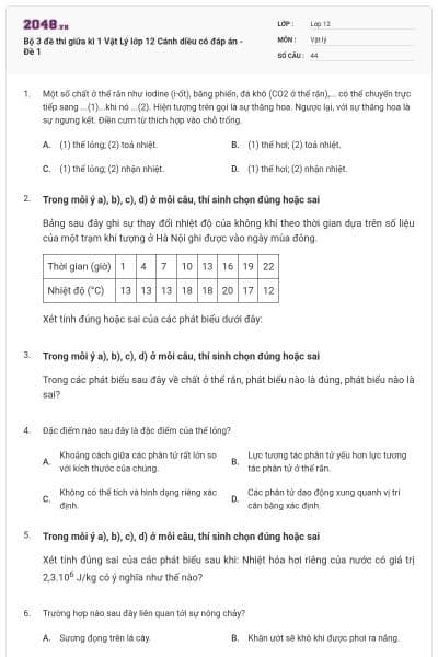 Bộ 3 đề thi giữa kì 1 Vật Lý lớp 12 Cánh diều có đáp án - Đề 1