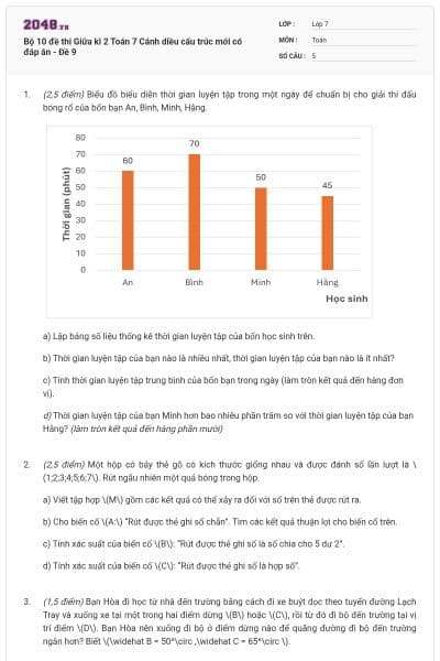 Bộ 10 đề thi Giữa kì 2 Toán 7 Cánh diều cấu trúc mới có đáp án - Đề 9