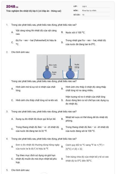 Trắc nghiệm Đo nhiệt độ lớp 6 (có đáp án - Đúng sai)