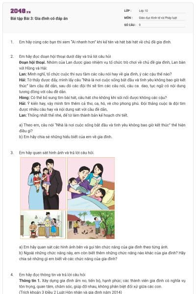Bài tập Bài 3: Gia đình có đáp án