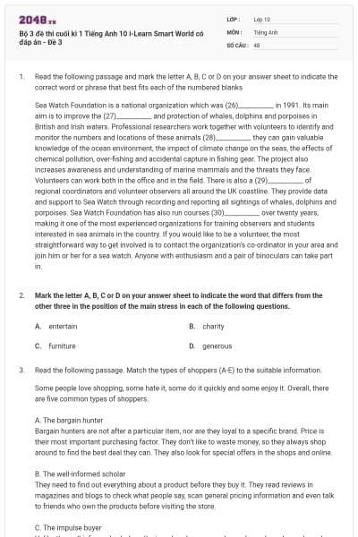 Bộ 3 đề thi cuối kì 1 Tiếng Anh 10 i-Learn Smart World có đáp án - Đề 3