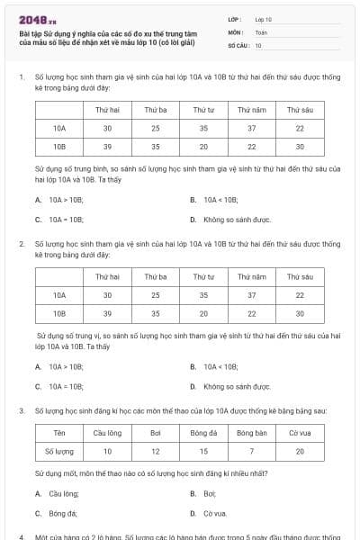 Bài tập Sử dụng ý nghĩa của các số đo xu thế trung tâm của mẫu số liệu để nhận xét về mẫu lớp 10 (có lời giải)