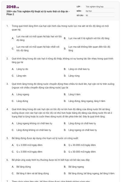 200+ câu Trắc nghiệm Kỹ thuật xử lý nước thải có đáp án - Phần 2