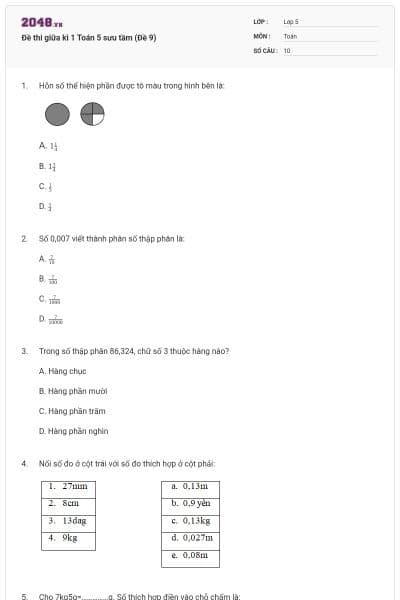 Đề thi giữa kì 1 Toán 5 sưu tầm (Đề 9)