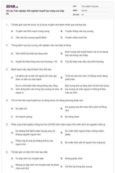 20 câu Trắc nghiệm Xét nghiệm huyết học nâng cao đáp án