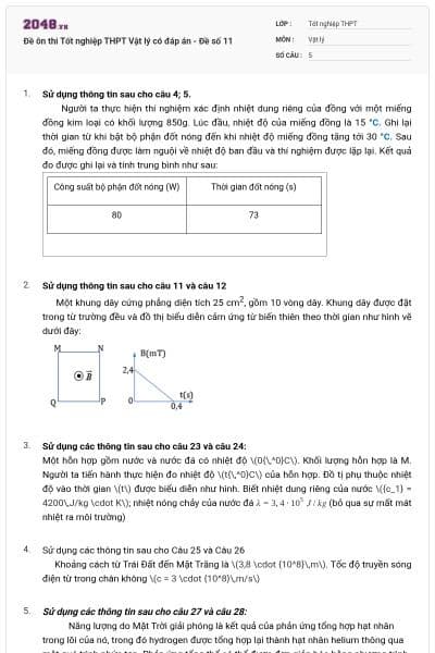 Đề ôn thi Tốt nghiệp THPT Vật lý có đáp án - Đề số 11