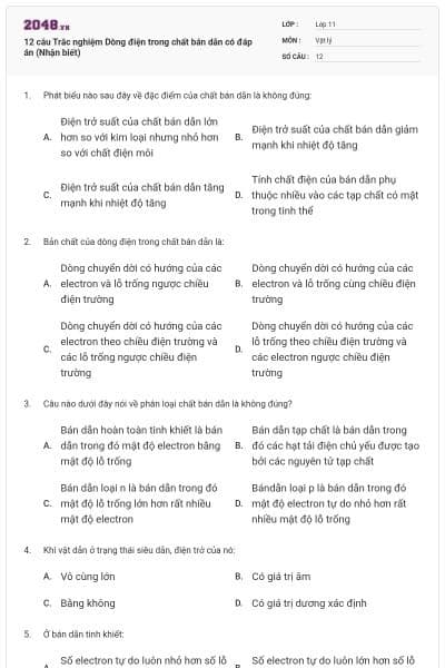 12 câu  Trắc nghiệm Dòng điện trong chất bán dẫn có đáp án (Nhận biết)