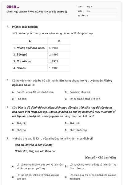 Đề thi Ngữ văn lớp 9 Học kì 2 cực hay, có đáp án (Đề 2)