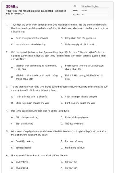 1000+ câu Trắc nghiệm Giáo dục quốc phòng – an ninh có đáp án - Phần 27