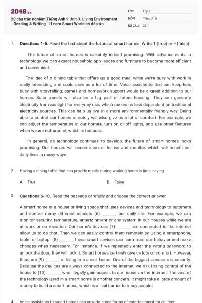 20 câu trắc nghiệm Tiếng Anh 9 Unit 3. Living Environment - Reading & Writing - iLearn Smart World có đáp án