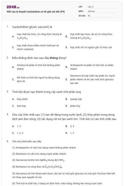 400 câu lý thuyết Cacbohidrat có lời giải chi tiết (P4)