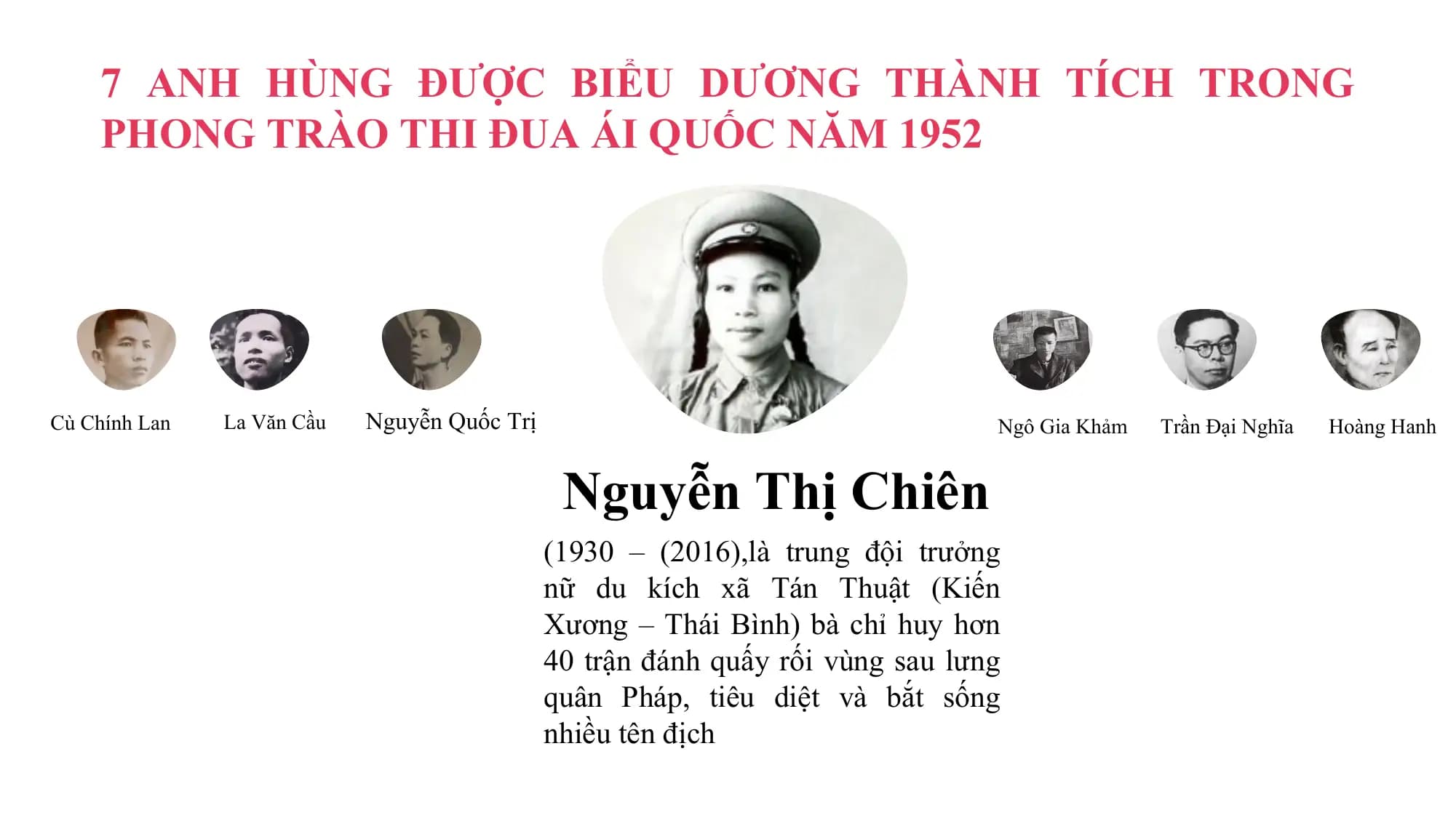 7 ANH HÙNG ĐƯỢC BIỂU DƯƠNG THÀNH TÍCH TRONG
 PHONG TRÀO THI ĐUA ÁI QUỐC NĂM 1952

Cù Chính Lan La Văn Cầu Nguyễn Quốc Trị Ngô Gia Khảm Trần Đại Nghĩa Hoàng Hanh

 Nguyễn Thị Chiên
 (1930 – (2016),là trung đội trưởng
 nữ du kích xã Tán Thuật (Kiến
 Xương – Thái Bình) bà chỉ huy hơn
 40 trận đánh quấy rối vùng sau lưng
 quân Pháp, tiêu diệt và bắt sống
 nhiều tên địch
