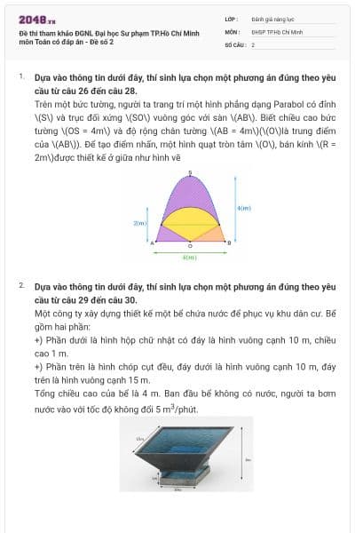 Đề thi tham khảo ĐGNL Đại học Sư phạm TP.Hồ Chí Minh môn Toán có đáp án - Đề số 2