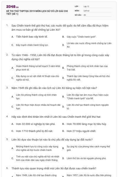 ĐỀ THI THỬ THPTQG 2019 MÔN LỊCH SỬ CÓ LỜI GIẢI CHI TIẾT (ĐỀ 1)