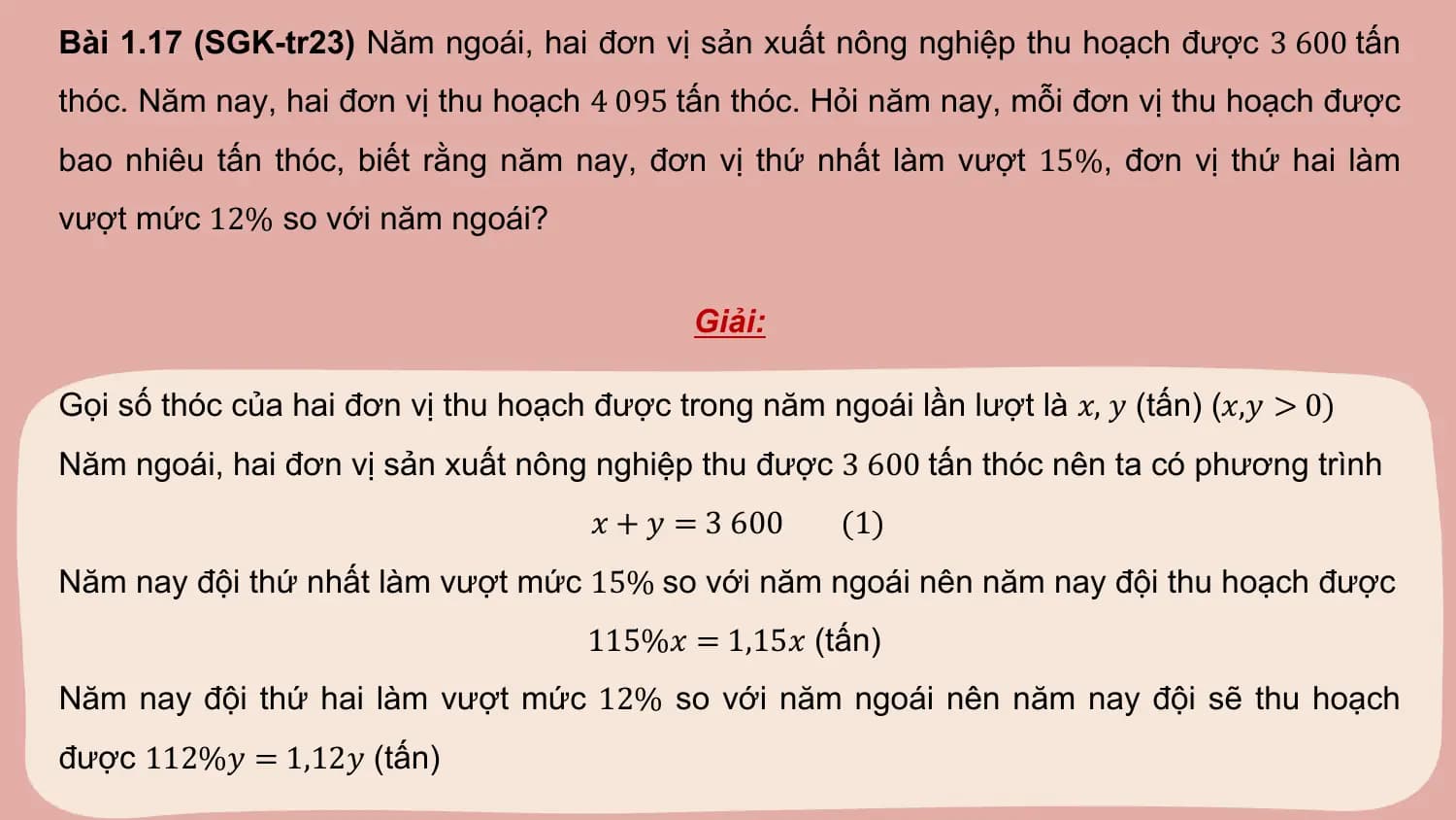 Bài 1.17 (SGK-tr23) Năm ngoái, hai đơn vị sản xuất nông nghiệp thu hoạch được 3 600 tấn
thóc. Năm nay, hai đơn vị thu hoạch 4 095 tấn thóc. Hỏi năm nay, mỗi đơn vị thu hoạch được
bao nhiêu tấn thóc, biết rằng năm nay, đơn vị thứ nhất làm vượt 15%, đơn vị thứ hai làm
vượt mức 12% so với năm ngoái?

 Giải:

Gọi số thóc của hai đơn vị thu hoạch được trong năm ngoái lần lượt là 𝑥, 𝑦 (tấn) (𝑥,𝑦 > 0)
Năm ngoái, hai đơn vị sản xuất nông nghiệp thu được 3 600 tấn thóc nên ta có phương trình
 𝑥 + 𝑦 = 3 600 (1)
Năm nay đội thứ nhất làm vượt mức 15% so với năm ngoái nên năm nay đội thu hoạch được
 115%𝑥 = 1,15𝑥 (tấn)
Năm nay đội thứ hai làm vượt mức 12% so với năm ngoái nên năm nay đội sẽ thu hoạch
được 112%𝑦 = 1,12𝑦 (tấn)