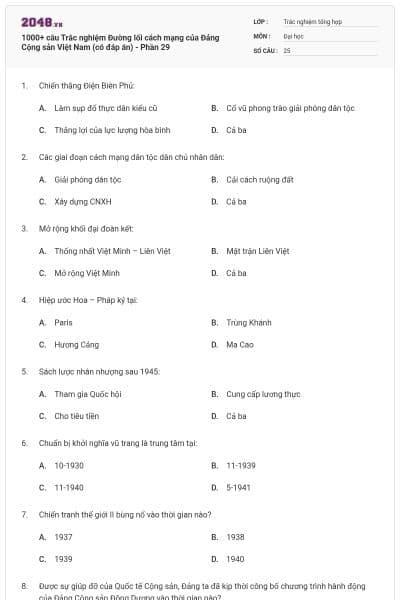 1000+ câu Trắc nghiệm Đường lối cách mạng của Đảng Cộng sản Việt Nam (có đáp án) - Phần 29