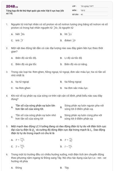 Tổng hợp đề thi thử thpt quốc gia môn Vật lí cực hay (đề số 14)
