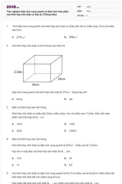 Trắc nghiệm Diện tích xung quanh và diện tích toàn phần của hình hộp chữ nhật có đáp án (Thông hiểu)