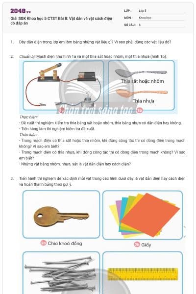 Giải SGK Khoa học 5 CTST Bài 8: Vật dẫn và vật cách điện có đáp án
