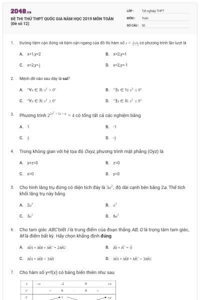 ĐỀ THI THỬ THPT QUỐC GIA NĂM HỌC 2019 MÔN TOÁN (Đề số 12)