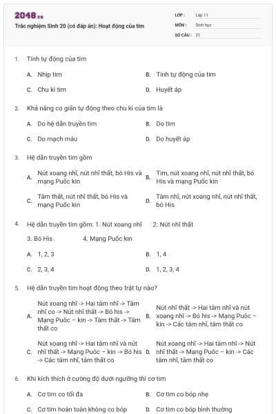 Trắc nghiệm Sinh 20 (có đáp án): Hoạt động của tim