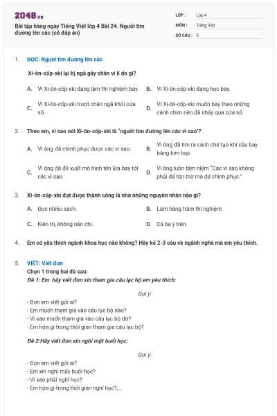 Bài tập hàng ngày Tiếng Việt lớp 4 Bài 24. Người tìm đường lên các (có đáp án)