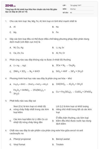Tổng hợp đề thi minh họa Hóa Hoc chuẩn cấu trúc Bộ giáo dục có đáp án (đề số 14)
