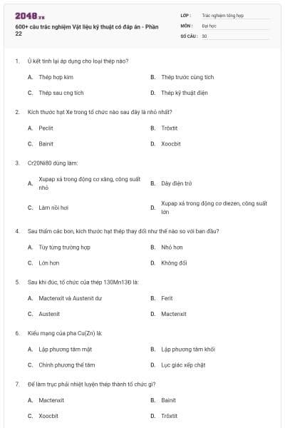 600+ câu trắc nghiệm Vật liệu kỹ thuật có đáp án - Phần 22