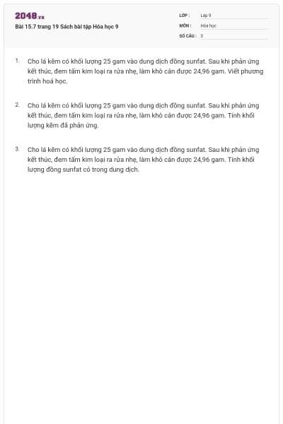 Bài 15.7 trang 19 Sách bài tập Hóa học 9