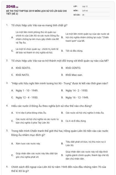 ĐỀ THI THỬ THPTQG 2019 MÔN LỊCH SỬ CÓ LỜI GIẢI CHI TIẾT (ĐỀ 2)