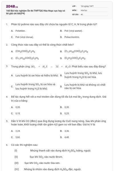 160 Bài trắc nghiệm Ôn thi THPTQG Hóa Hoạc cực hay có lời giải chi tiết(P4)