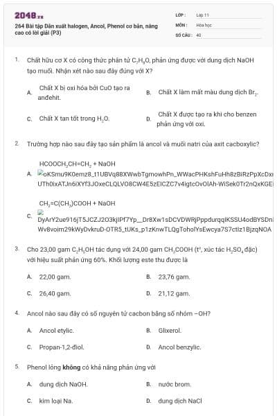 264 Bài tập Dẫn xuất halogen, Ancol, Phenol cơ bản, nâng cao có lời giải (P3)