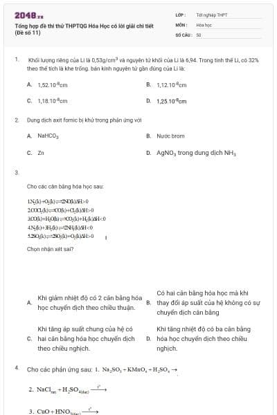 Tổng hợp đề thi thử THPTQG Hóa Học có lời giải chi tiết (Đề số 11)