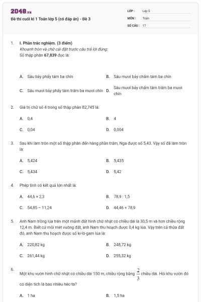 Đề thi cuối kì 1 Toán lớp 5 (có đáp án) - Đề 3