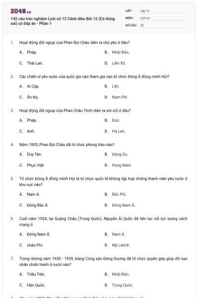 142 câu trắc nghiệm Lịch sử 12 Cánh diều Bài 12 (Có đúng sai) có đáp án - Phần 1