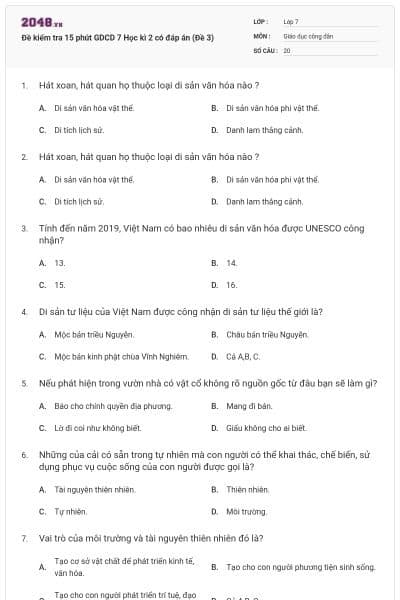 Đề kiểm tra 15 phút GDCD 7 Học kì 2 có đáp án (Đề 3)
