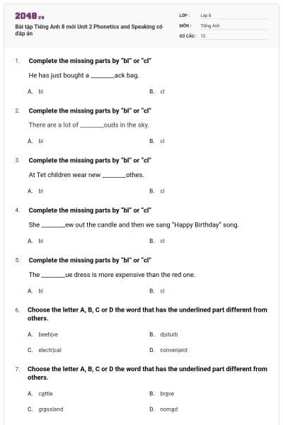 Bài tập Tiếng Anh 8 mới Unit 2 Phonetics and Speaking có đáp án