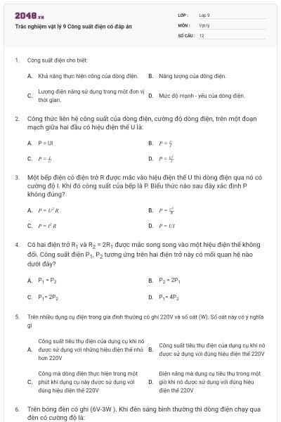 Trắc nghiệm vật lý 9 Công suất điện có đáp án