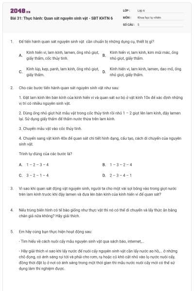 Bài 31: Thực hành: Quan sát nguyên sinh vật - SBT KHTN 6