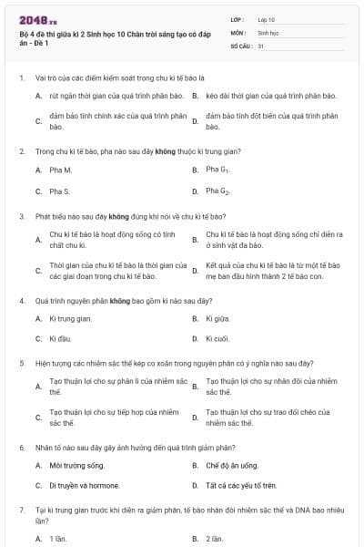 Bộ 4 đề thi giữa kì 2 Sinh học 10 Chân trời sáng tạo có đáp án - Đề 1