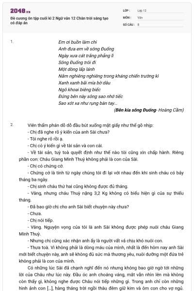 Đề cương ôn tập cuối kì 2 Ngữ văn 12 Chân trời sáng tạo có đáp án