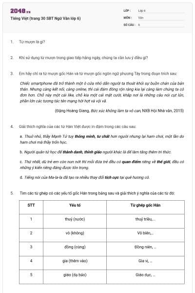Tiếng Việt (trang 30 SBT Ngữ Văn lớp 6)
