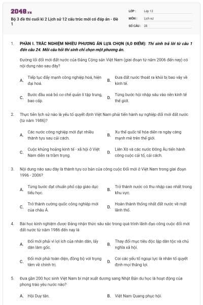 Bộ 3 đề thi cuối kì 2 Lịch sử 12 cấu trúc mới có đáp án - Đề 1