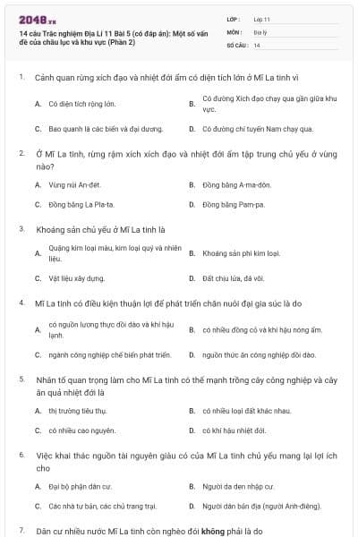 14 câu  Trắc nghiệm Địa Lí 11 Bài 5 (có đáp án): Một số vấn đề của châu lục và khu vực (Phần 2)