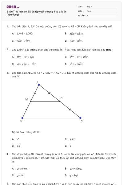 5 câu Trắc nghiệm Bài ôn tập cuối chương 4 có đáp án (Vận dụng)