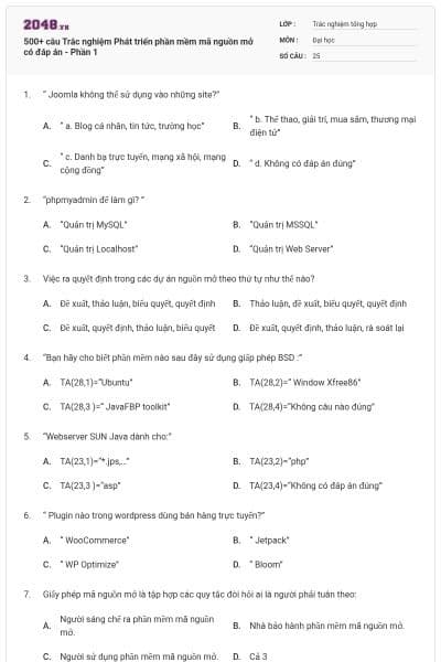 500+ câu Trắc nghiệm Phát triển phần mềm mã nguồn mở có đáp án - Phần 1