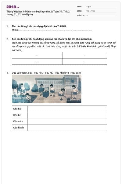 Tiếng Việt lớp 3 (Dành cho buổi học thứ 2) Tuần 34: Tiết 2 (trang 61, 62) có đáp án
